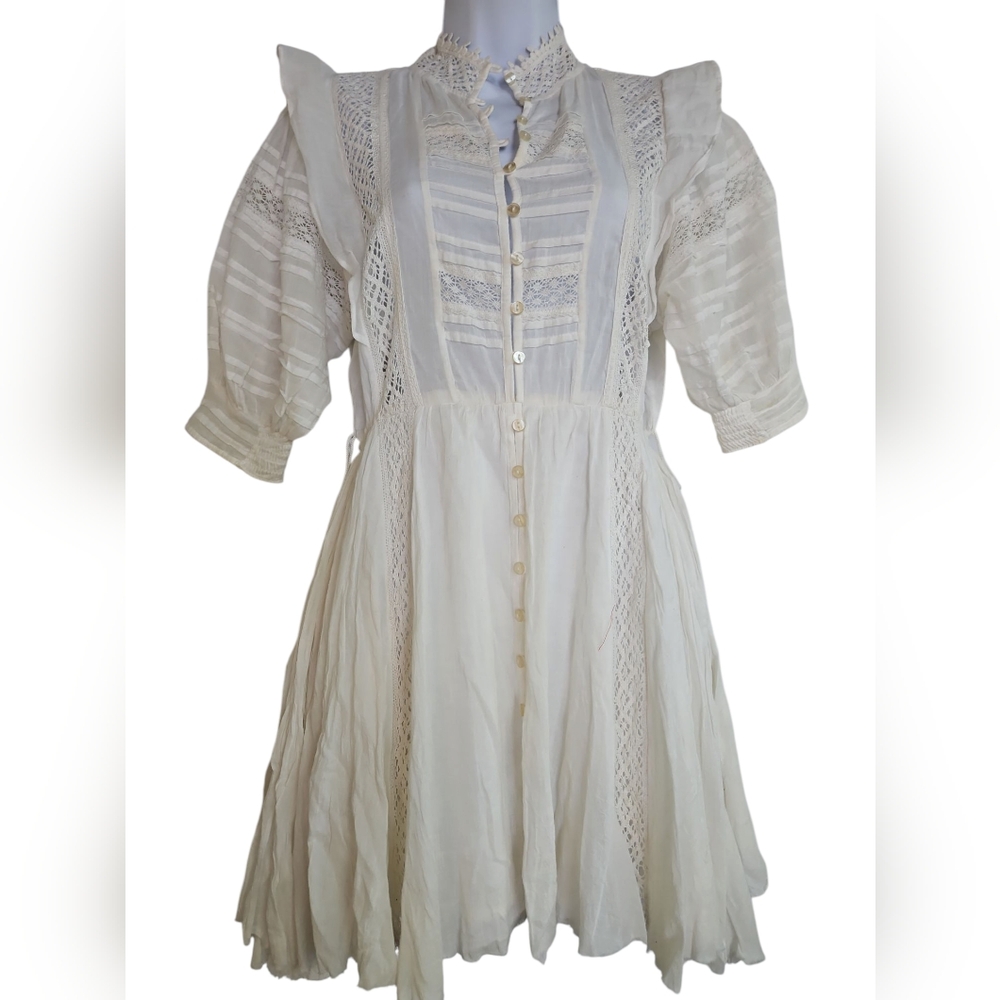 Free People Cream Ruched Puff Sleeve Mini Dress